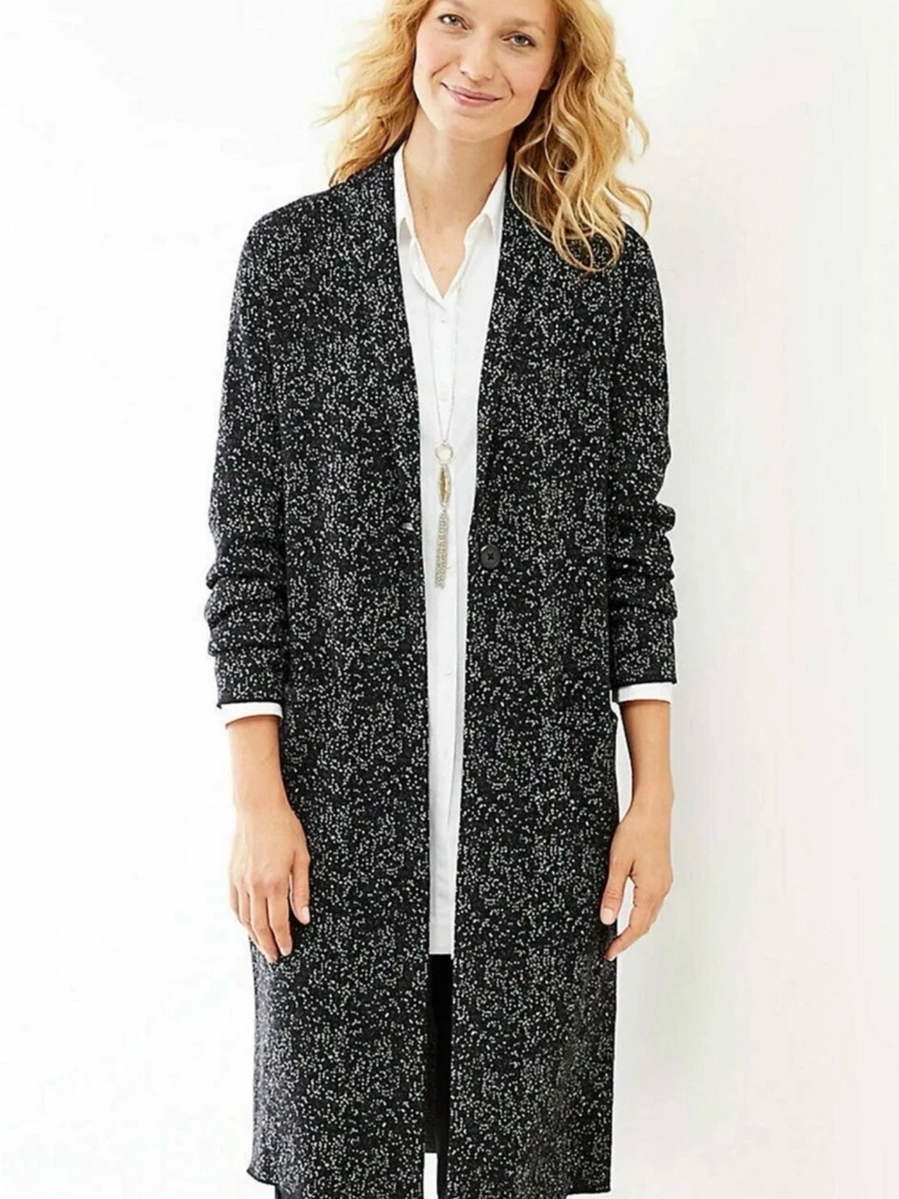 J Jill Hudson Jacquard Topper Womens M Black Gray Long Cardigan Duster